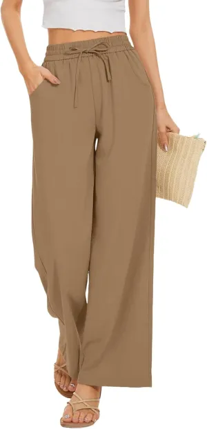 Womens Wide Leg Pants Straight Leg Linen Palazzo Pants Casual Drawstring High Waisted Pant Retro Trousers with Pockets