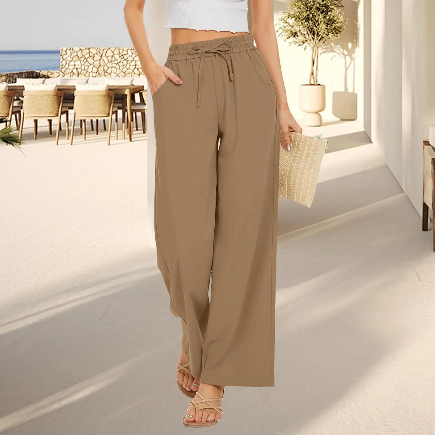 Womens Wide Leg Pants Straight Leg Linen Palazzo Pants Casual Drawstring High Waisted Pant Retro Trousers with Pockets