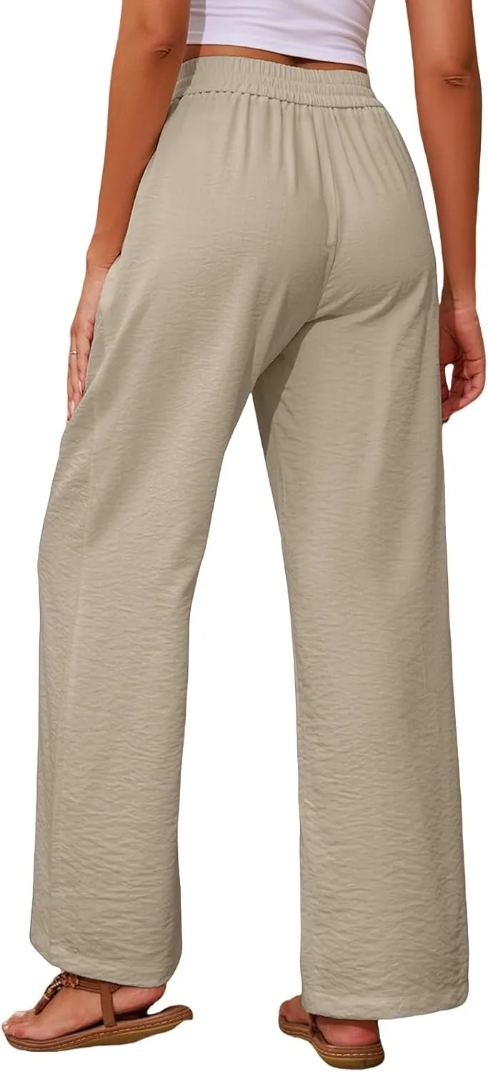 Womens Wide Leg Pants Straight Leg Linen Palazzo Pants Casual Drawstring High Waisted Pant Retro Trousers with Pockets