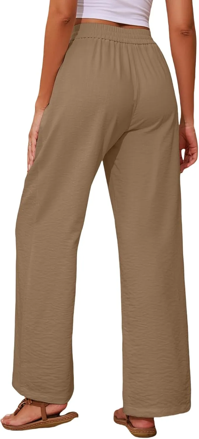 Womens Wide Leg Pants Straight Leg Linen Palazzo Pants Casual Drawstring High Waisted Pant Retro Trousers with Pockets
