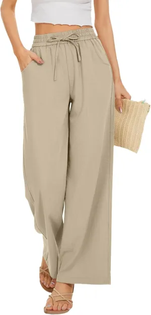 Womens Wide Leg Pants Straight Leg Linen Palazzo Pants Casual Drawstring High Waisted Pant Retro Trousers with Pockets