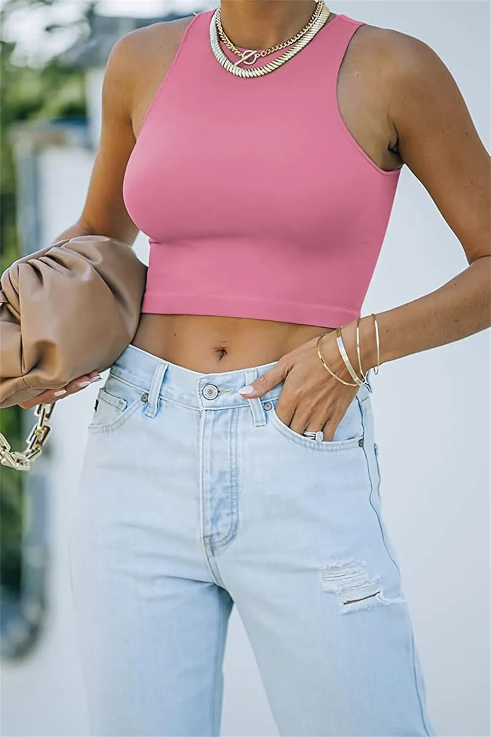 Workout Tops for Women Summer Sexy Sleeveless Tank Tops High Neck Slim Fit T Shirts Comfy Athletic Yoga Running Tshirts