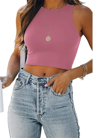 Workout Tops for Women Summer Sexy Sleeveless Tank Tops High Neck Slim Fit T Shirts Comfy Athletic Yoga Running Tshirts