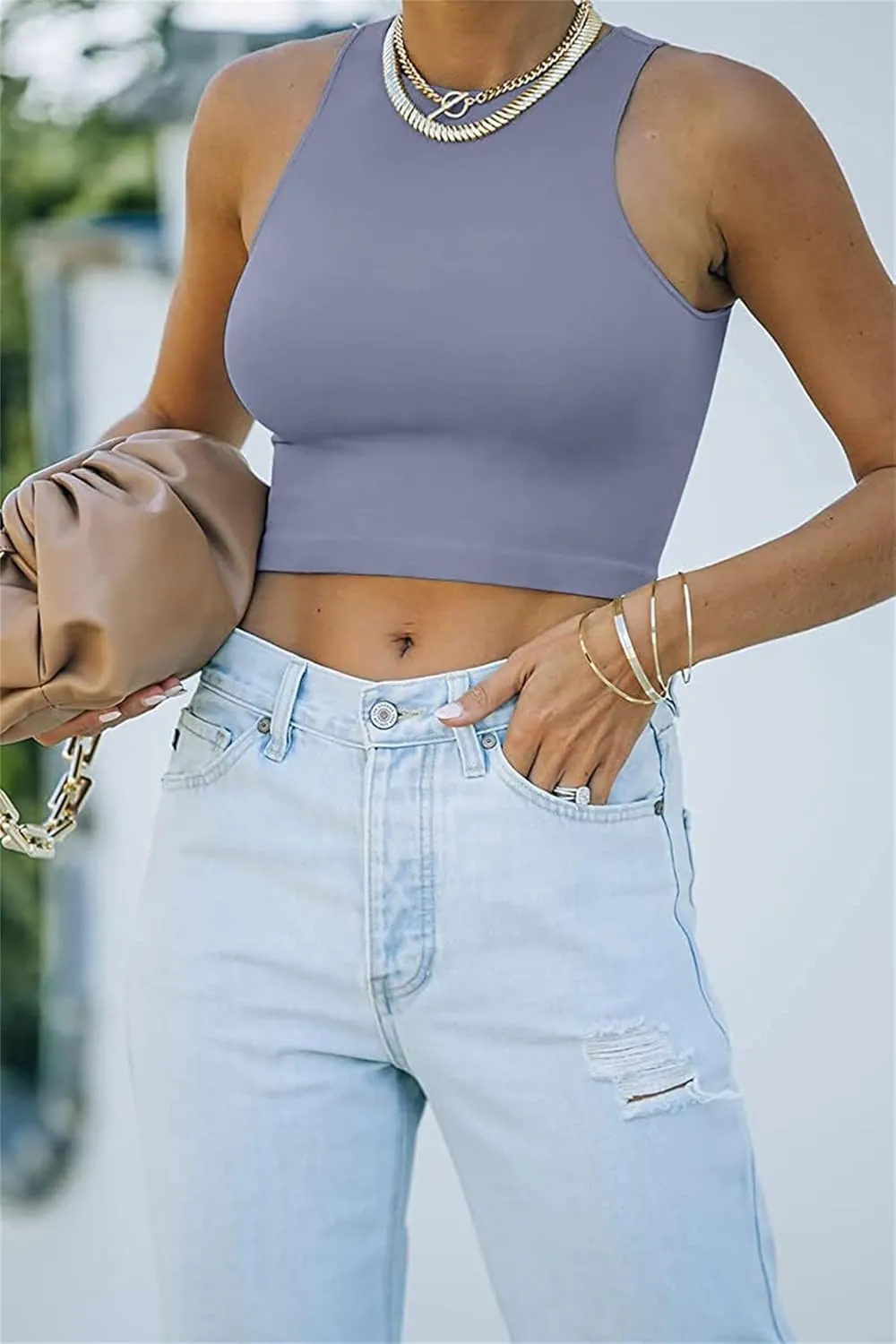 Workout Tops for Women Summer Sexy Sleeveless Tank Tops High Neck Slim Fit T Shirts Comfy Athletic Yoga Running Tshirts