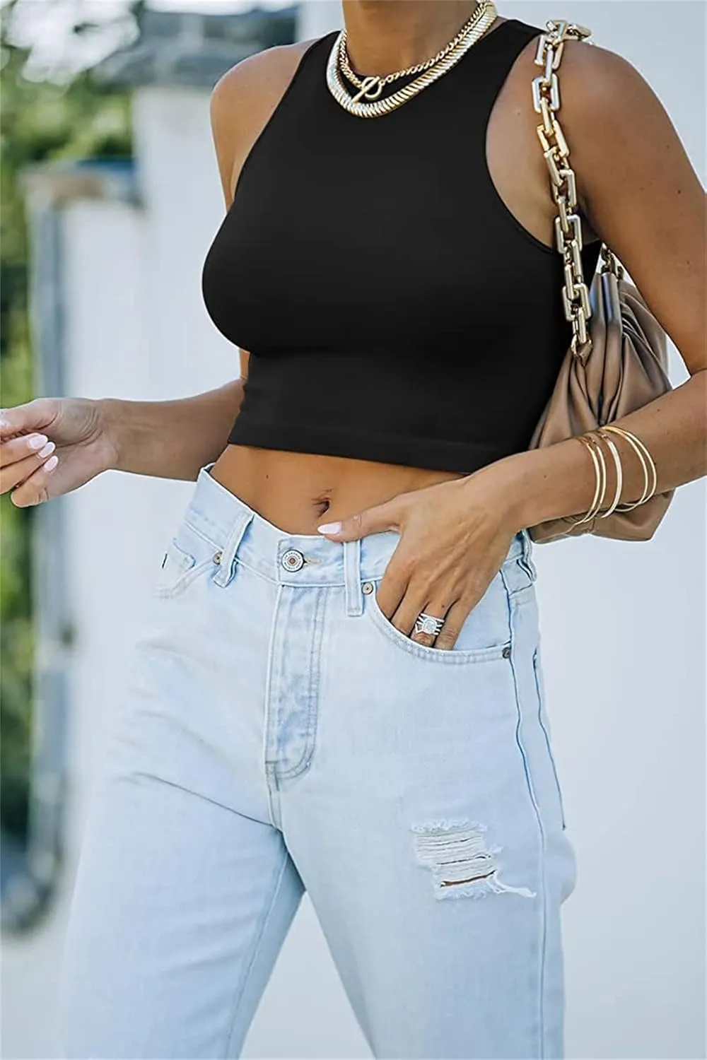 Workout Tops for Women Summer Sexy Sleeveless Tank Tops High Neck Slim Fit T Shirts Comfy Athletic Yoga Running Tshirts