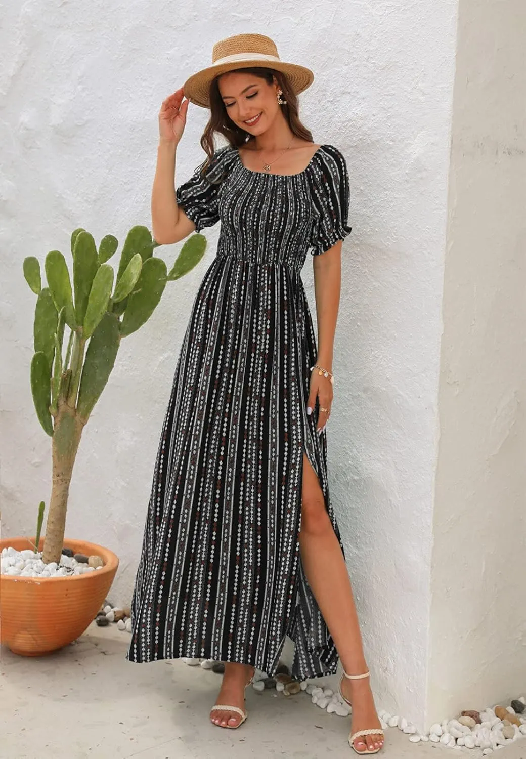 Wrap Dress Women Summer Bohemian Off Shoulder Floral Print Ruffle Vintage Flowy Dress Long Boho Beach Midi Dress