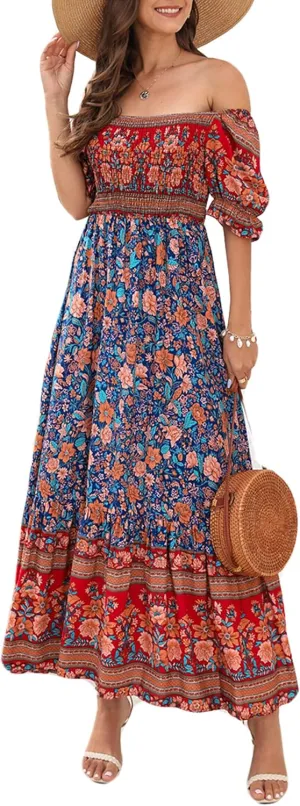 Wrap Dress Women Summer Bohemian Off Shoulder Floral Print Ruffle Vintage Flowy Dress Long Boho Beach Midi Dress