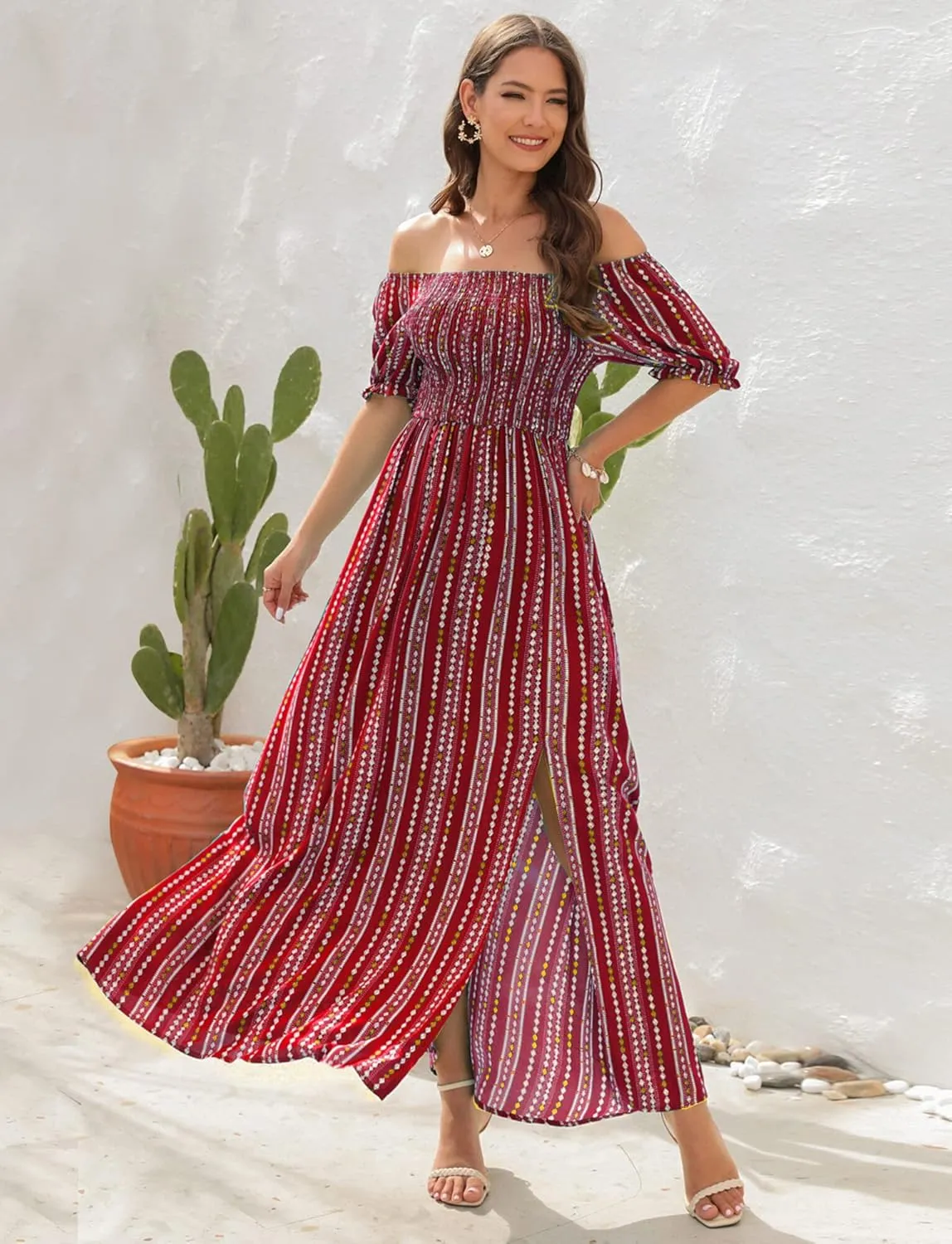 Wrap Dress Women Summer Bohemian Off Shoulder Floral Print Ruffle Vintage Flowy Dress Long Boho Beach Midi Dress