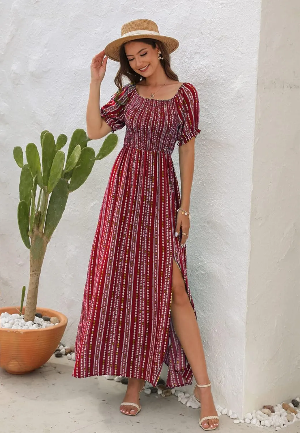 Wrap Dress Women Summer Bohemian Off Shoulder Floral Print Ruffle Vintage Flowy Dress Long Boho Beach Midi Dress