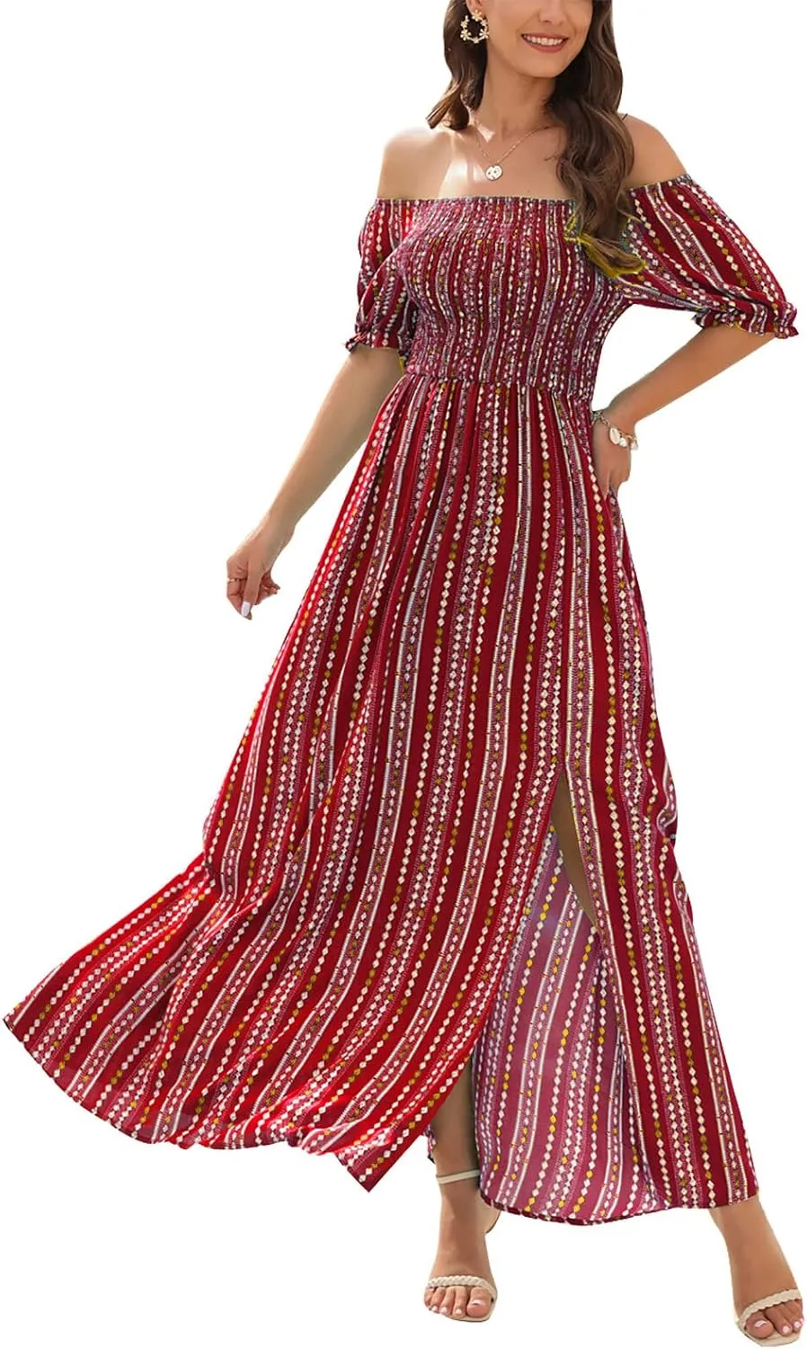 Wrap Dress Women Summer Bohemian Off Shoulder Floral Print Ruffle Vintage Flowy Dress Long Boho Beach Midi Dress