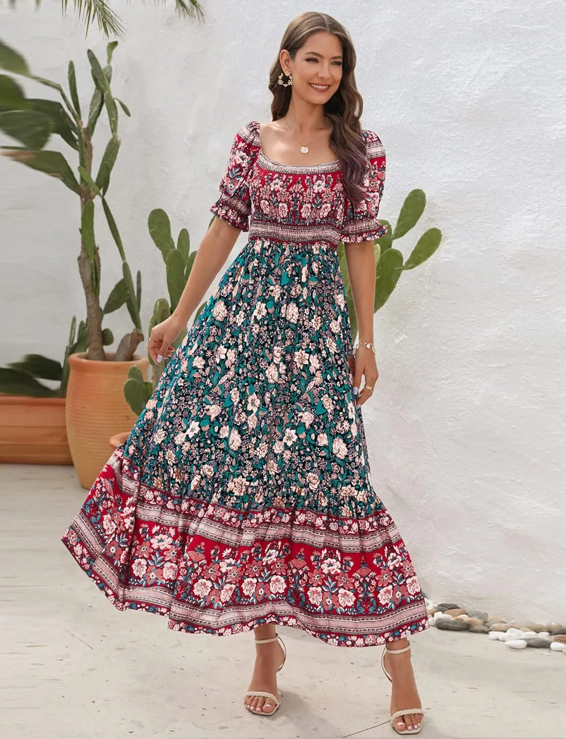 Wrap Dress Women Summer Bohemian Off Shoulder Floral Print Ruffle Vintage Flowy Dress Long Boho Beach Midi Dress