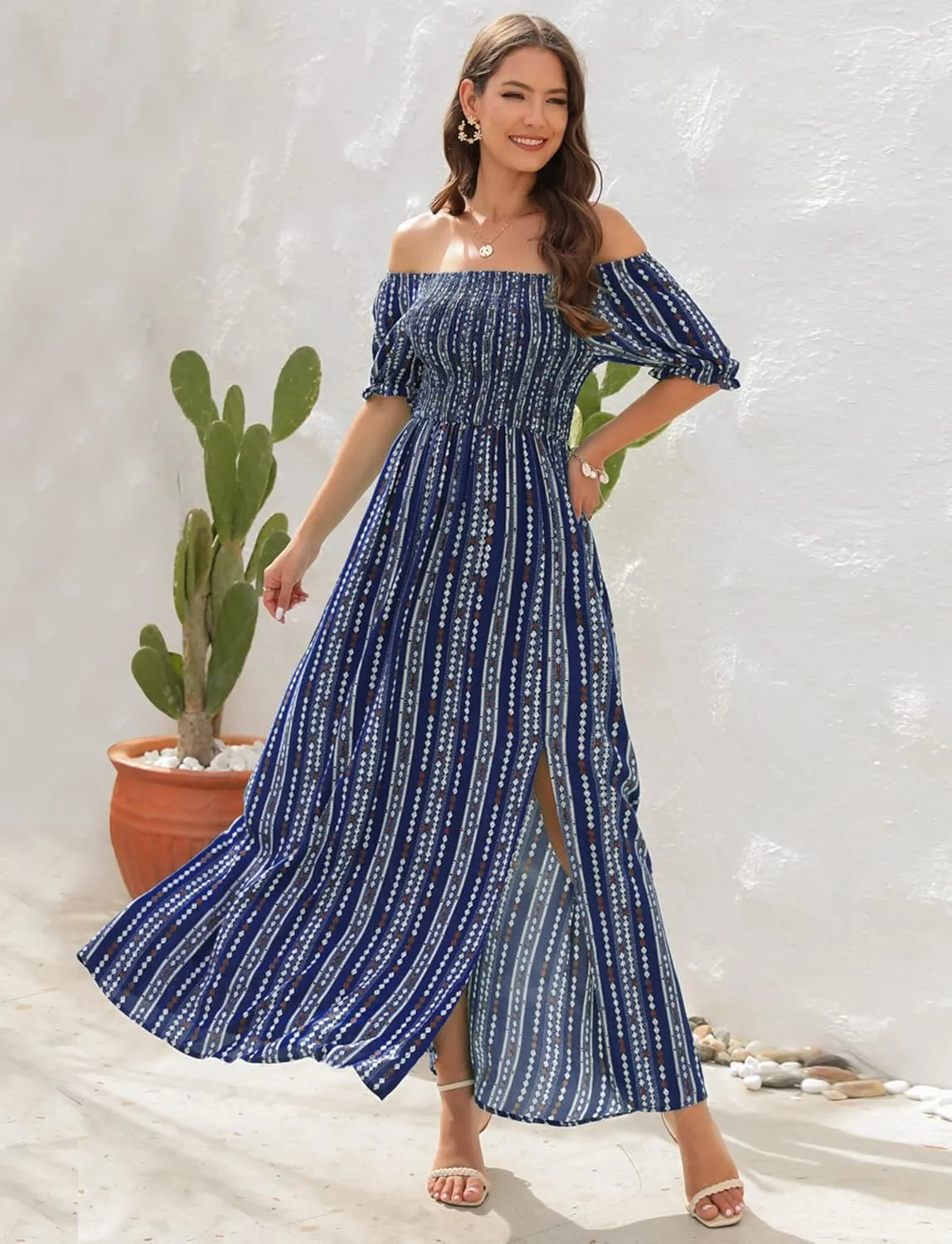 Wrap Dress Women Summer Bohemian Off Shoulder Floral Print Ruffle Vintage Flowy Dress Long Boho Beach Midi Dress