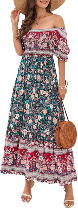 Wrap Dress Women Summer Bohemian Off Shoulder Floral Print Ruffle Vintage Flowy Dress Long Boho Beach Midi Dress