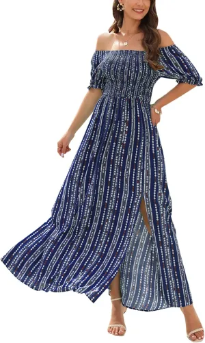 Wrap Dress Women Summer Bohemian Off Shoulder Floral Print Ruffle Vintage Flowy Dress Long Boho Beach Midi Dress