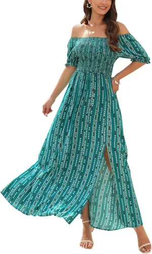 Wrap Dress Women Summer Bohemian Off Shoulder Floral Print Ruffle Vintage Flowy Dress Long Boho Beach Midi Dress