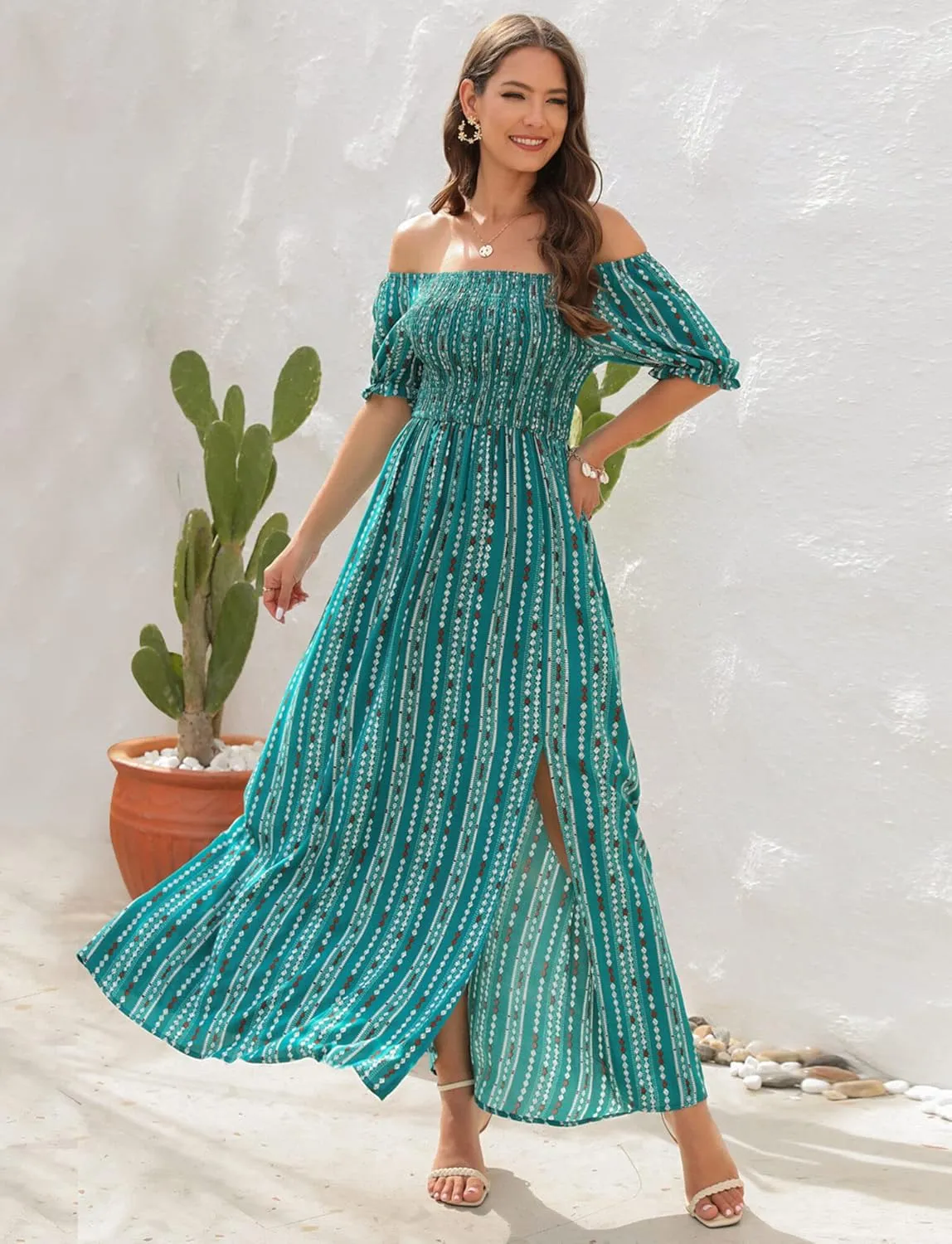 Wrap Dress Women Summer Bohemian Off Shoulder Floral Print Ruffle Vintage Flowy Dress Long Boho Beach Midi Dress