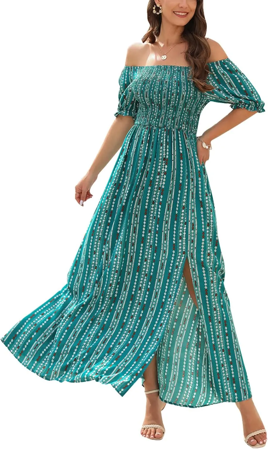 Wrap Dress Women Summer Bohemian Off Shoulder Floral Print Ruffle Vintage Flowy Dress Long Boho Beach Midi Dress