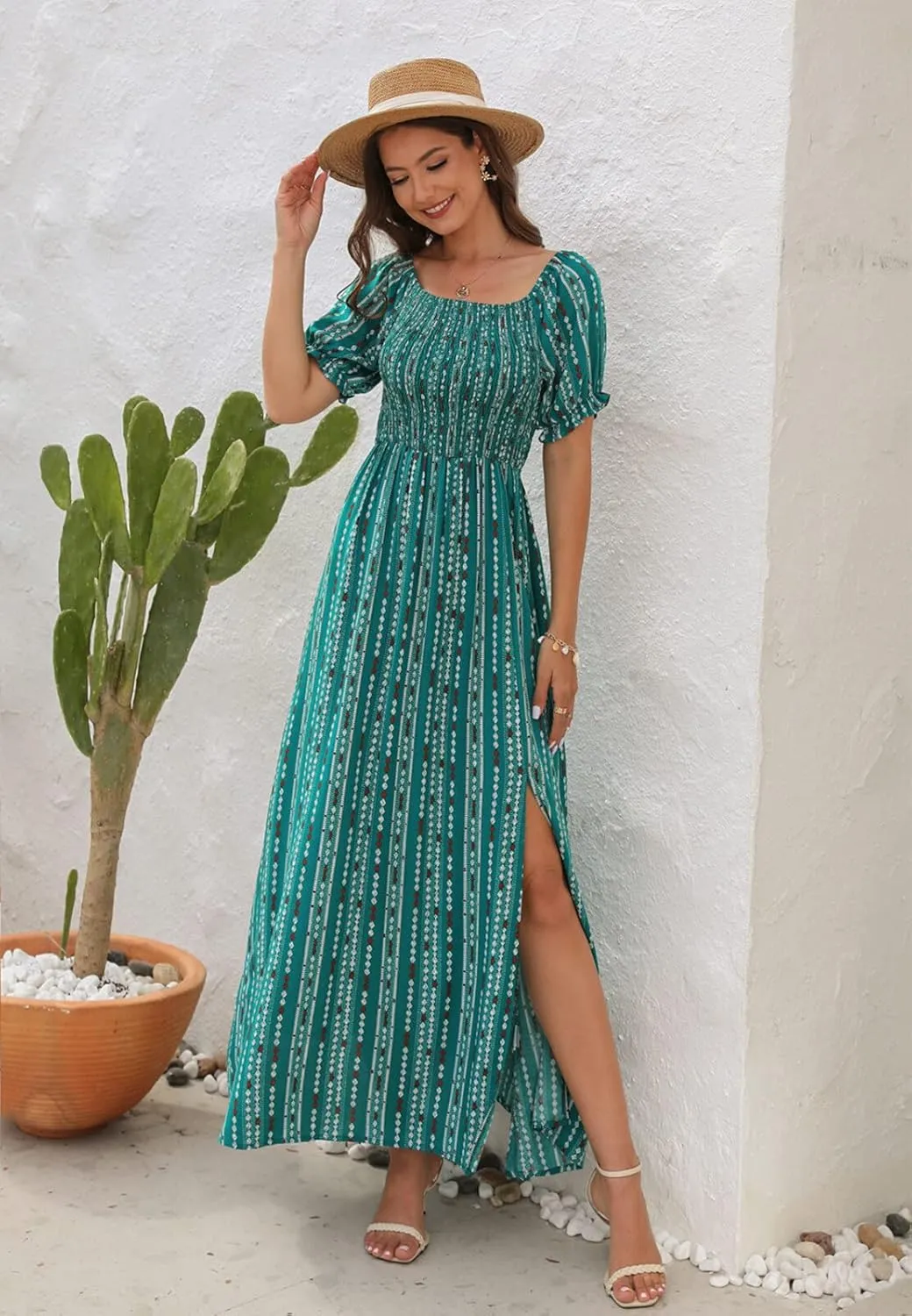 Wrap Dress Women Summer Bohemian Off Shoulder Floral Print Ruffle Vintage Flowy Dress Long Boho Beach Midi Dress