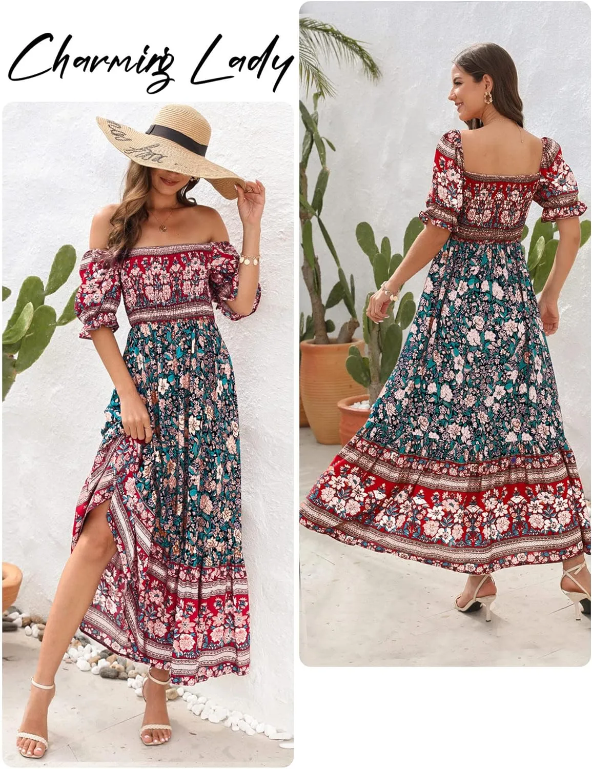 Wrap Dress Women Summer Bohemian Off Shoulder Floral Print Ruffle Vintage Flowy Dress Long Boho Beach Midi Dress