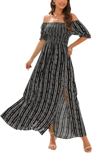 Wrap Dress Women Summer Bohemian Off Shoulder Floral Print Ruffle Vintage Flowy Dress Long Boho Beach Midi Dress