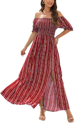 Wrap Dress Women Summer Bohemian Off Shoulder Floral Print Ruffle Vintage Flowy Dress Long Boho Beach Midi Dress