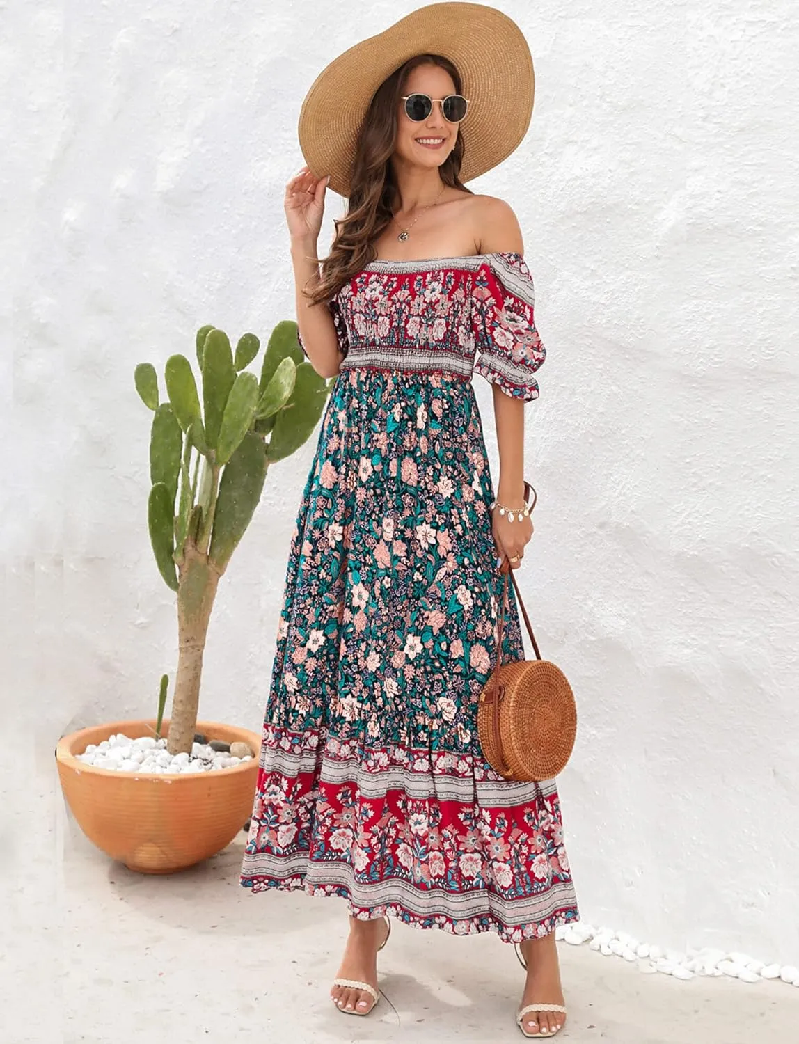 Wrap Dress Women Summer Bohemian Off Shoulder Floral Print Ruffle Vintage Flowy Dress Long Boho Beach Midi Dress