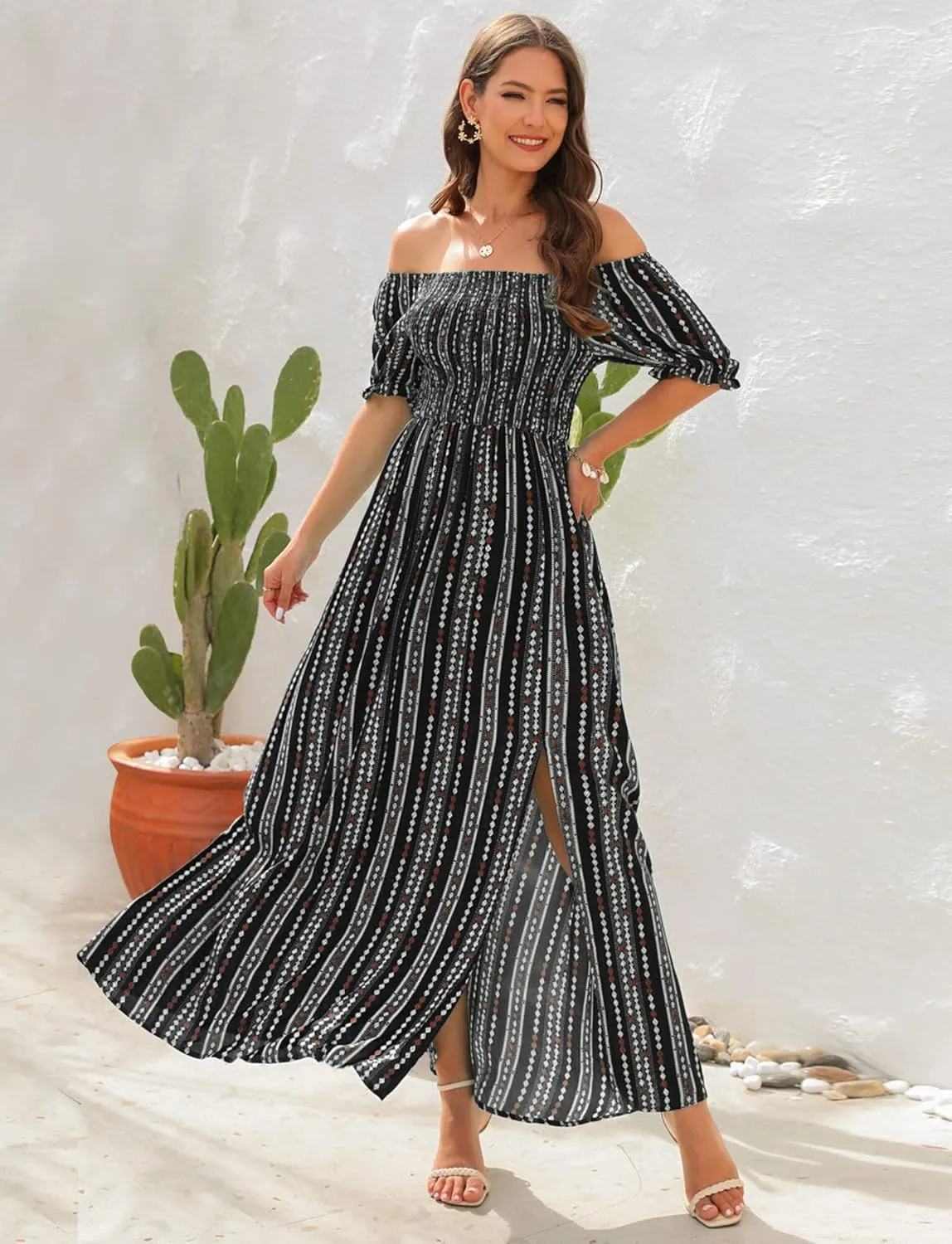 Wrap Dress Women Summer Bohemian Off Shoulder Floral Print Ruffle Vintage Flowy Dress Long Boho Beach Midi Dress