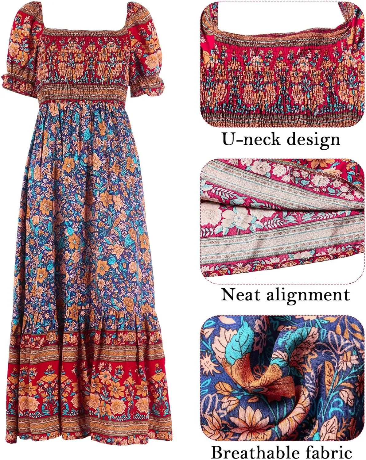 Wrap Dress Women Summer Bohemian Off Shoulder Floral Print Ruffle Vintage Flowy Dress Long Boho Beach Midi Dress