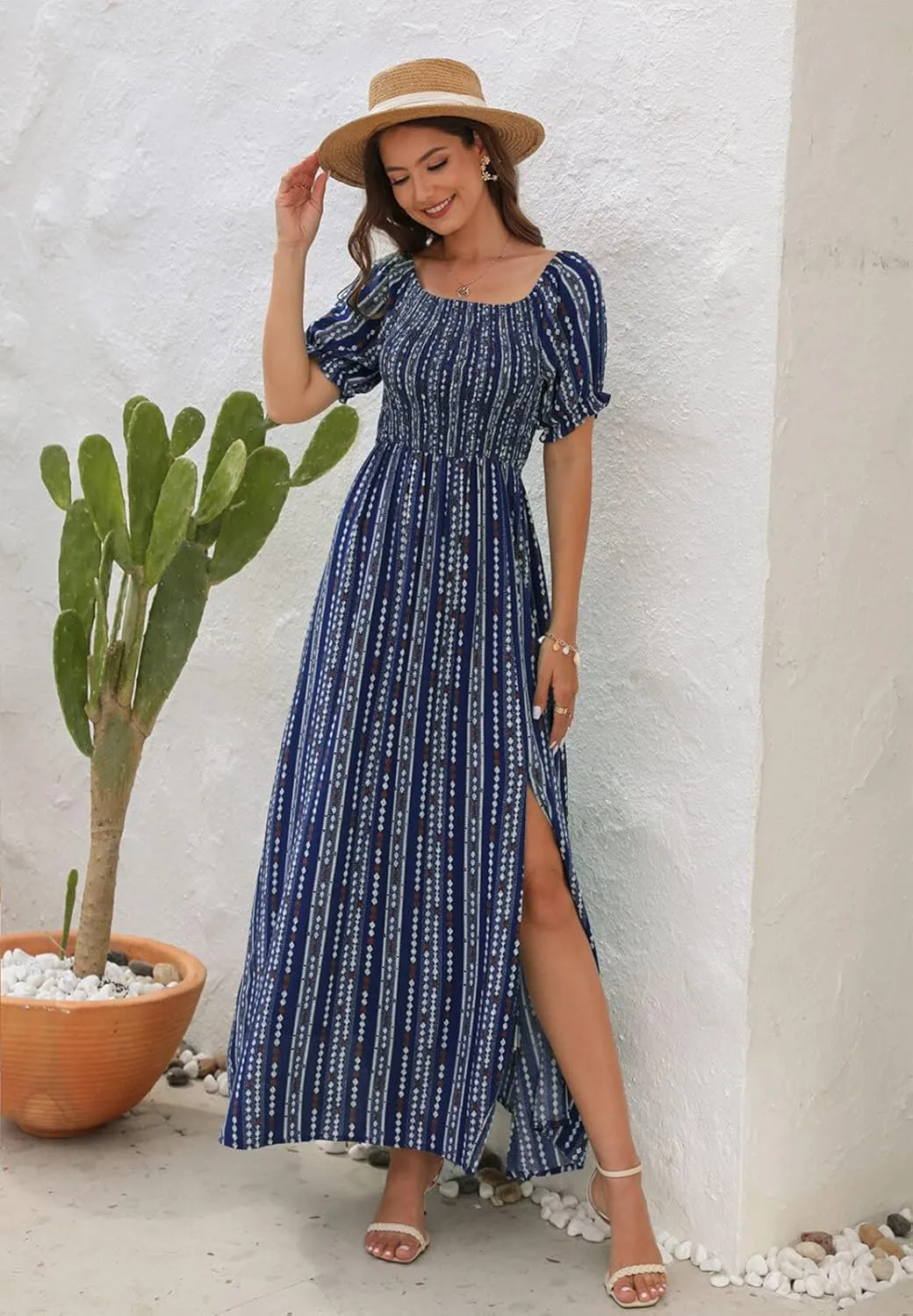 Wrap Dress Women Summer Bohemian Off Shoulder Floral Print Ruffle Vintage Flowy Dress Long Boho Beach Midi Dress