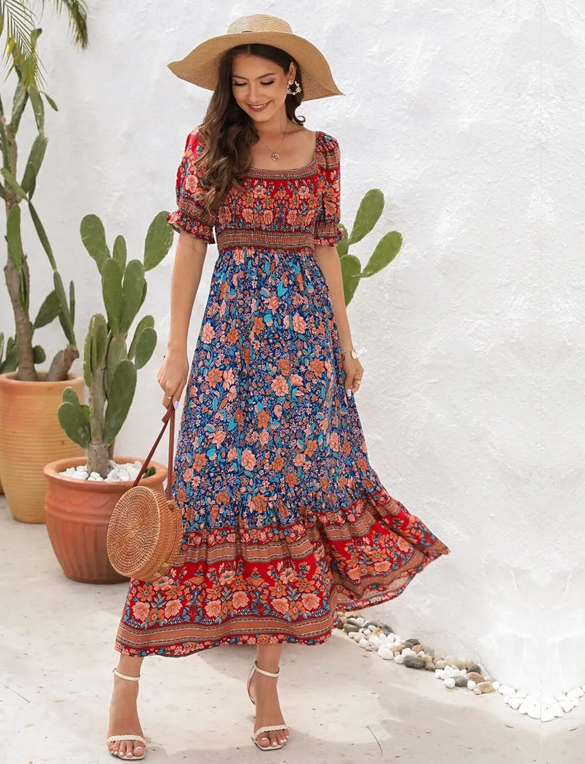 Wrap Dress Women Summer Bohemian Off Shoulder Floral Print Ruffle Vintage Flowy Dress Long Boho Beach Midi Dress