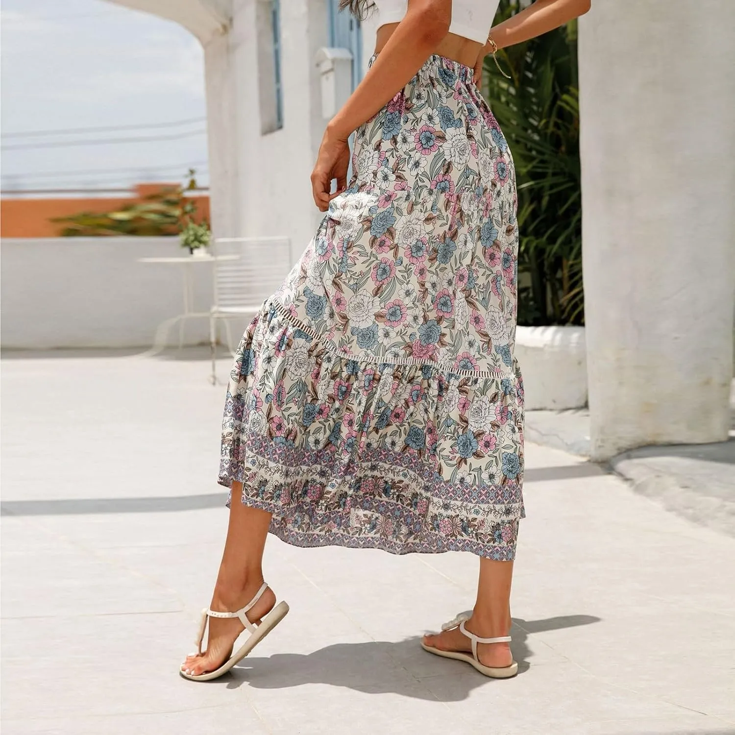 Wrap Skirt, Drawstring Tiered Long Boho Skirt Spring Summer Pleated Flowy Maxi Skirts for Women 2025 Trendy