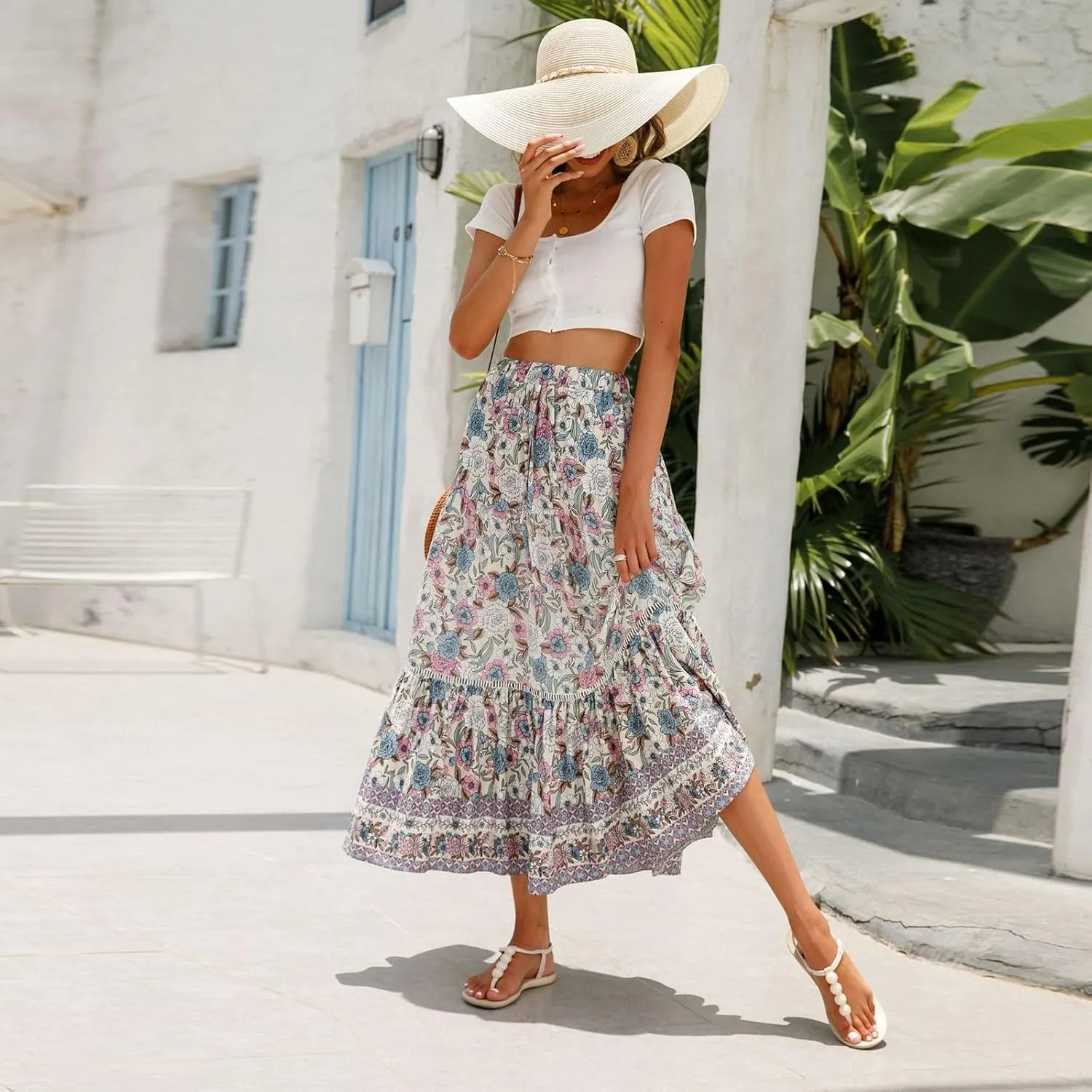 Wrap Skirt, Drawstring Tiered Long Boho Skirt Spring Summer Pleated Flowy Maxi Skirts for Women 2025 Trendy
