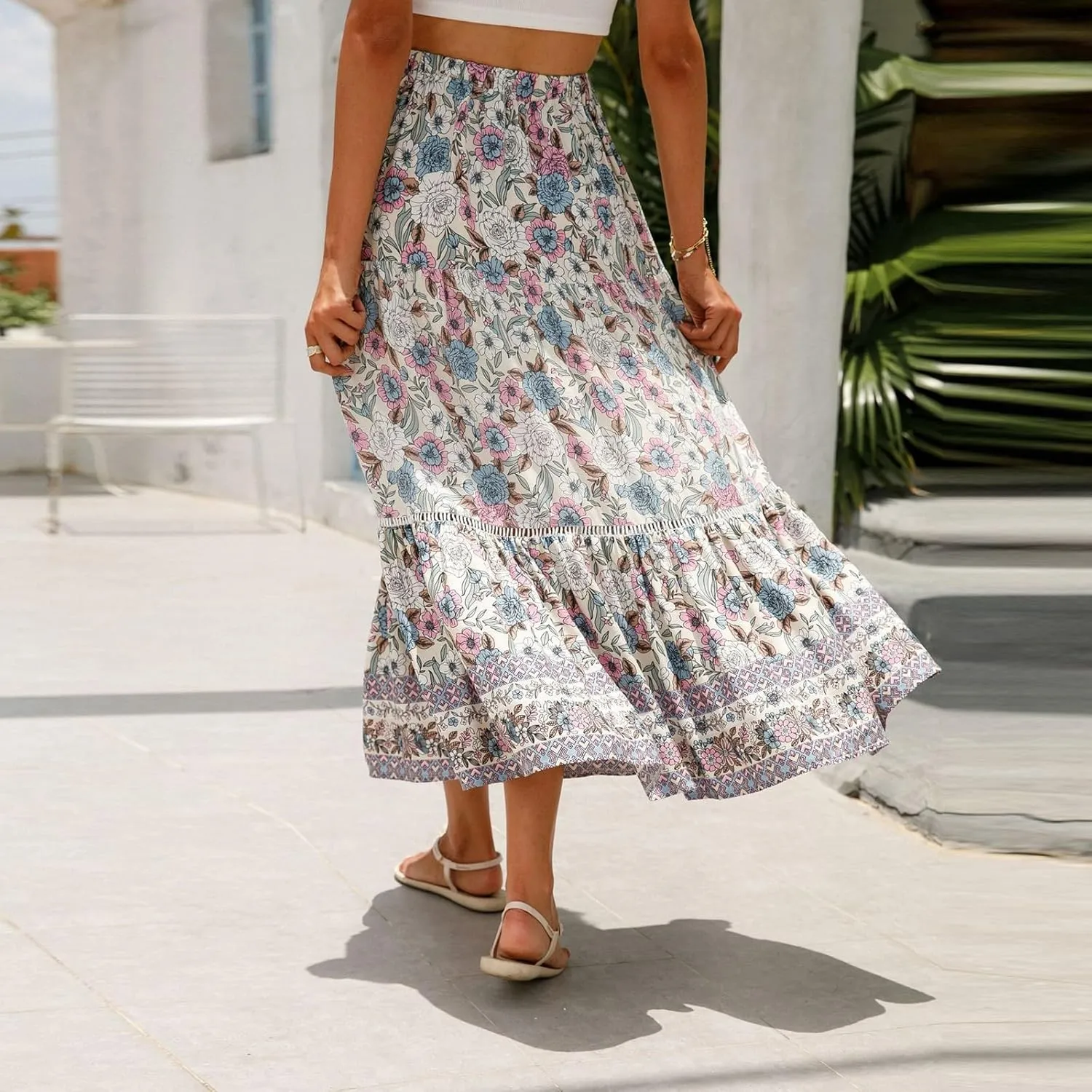 Wrap Skirt, Drawstring Tiered Long Boho Skirt Spring Summer Pleated Flowy Maxi Skirts for Women 2025 Trendy