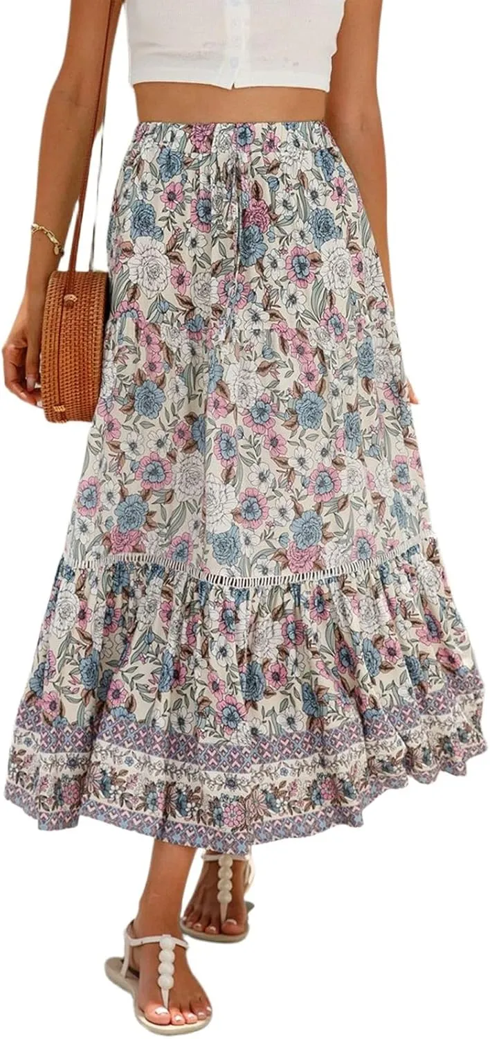 Wrap Skirt, Drawstring Tiered Long Boho Skirt Spring Summer Pleated Flowy Maxi Skirts for Women 2025 Trendy