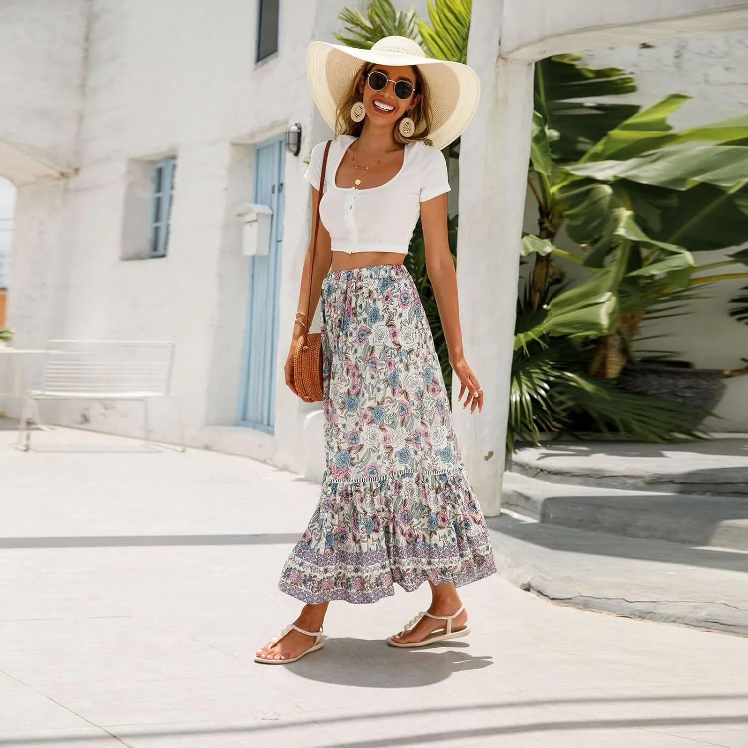 Wrap Skirt, Drawstring Tiered Long Boho Skirt Spring Summer Pleated Flowy Maxi Skirts for Women 2025 Trendy