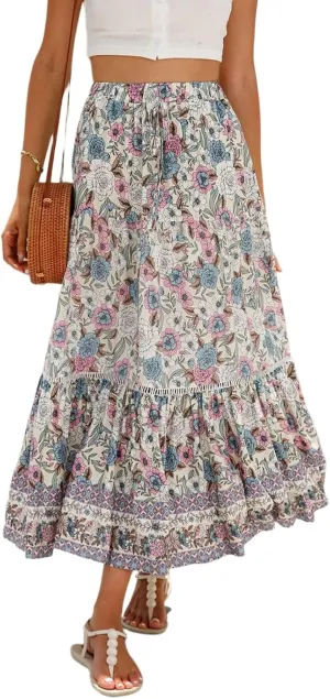 Wrap Skirt, Drawstring Tiered Long Boho Skirt Spring Summer Pleated Flowy Maxi Skirts for Women 2025 Trendy