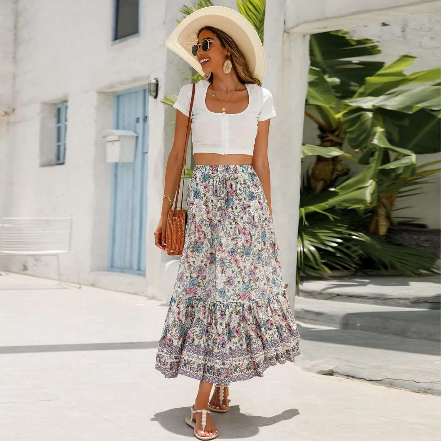 Wrap Skirt, Drawstring Tiered Long Boho Skirt Spring Summer Pleated Flowy Maxi Skirts for Women 2025 Trendy