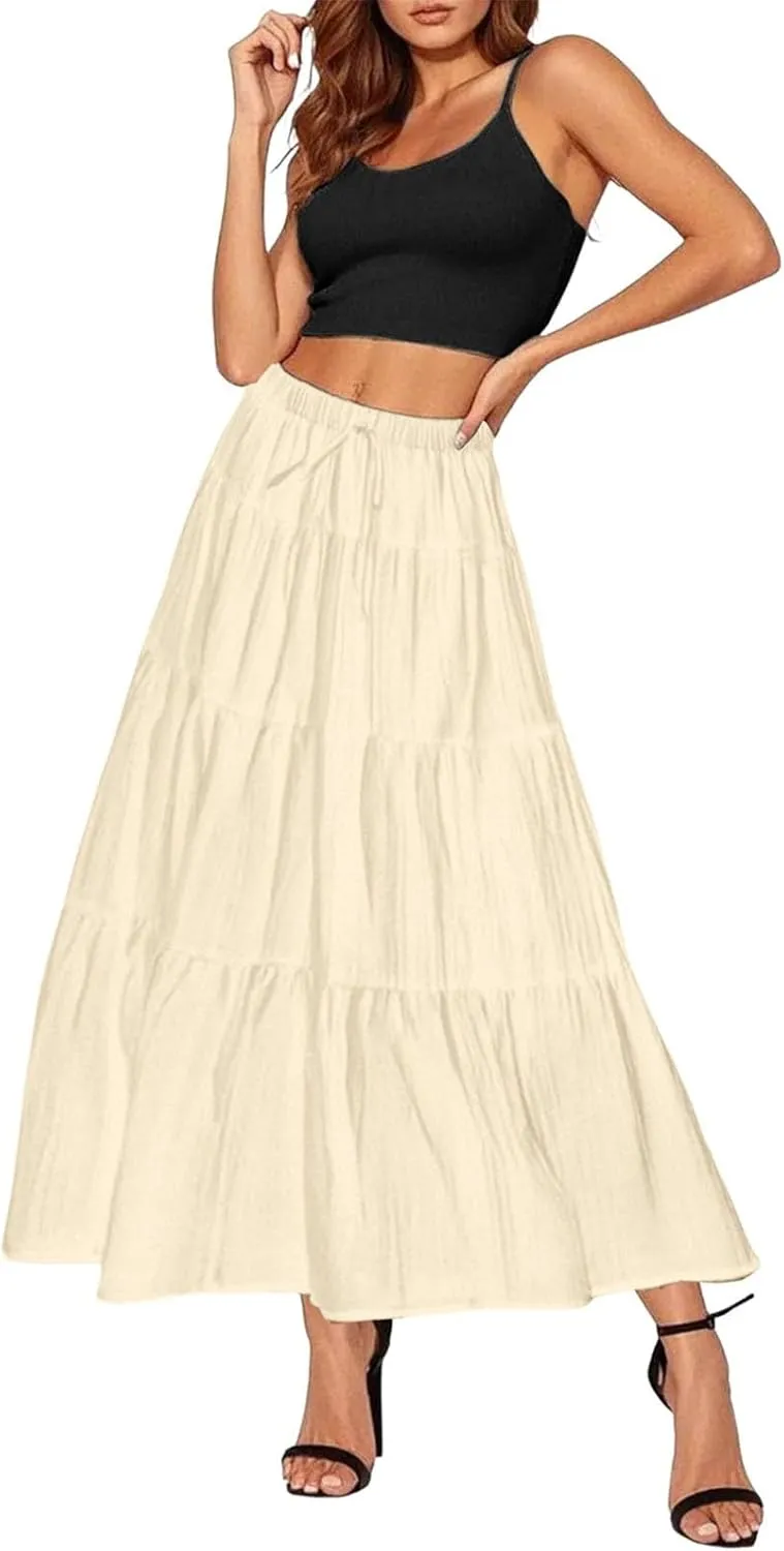 XOWRTE Women's Flowy Flared Ruffle Boho Long Skirt Summer Maxi Skirt A-Line Fashion Trendy Elastic Waist Pleated Beach Dress