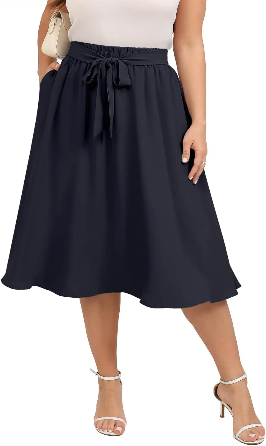 Xpenyo Womens Plus Size Midi Skirts Summer Elastic High Waisted Boho Casual Beach Flowy Swing Knee Length Skirts with Pockets