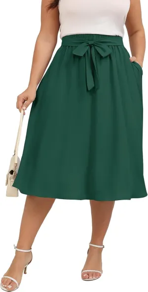 Xpenyo Womens Plus Size Midi Skirts Summer Elastic High Waisted Boho Casual Beach Flowy Swing Knee Length Skirts with Pockets