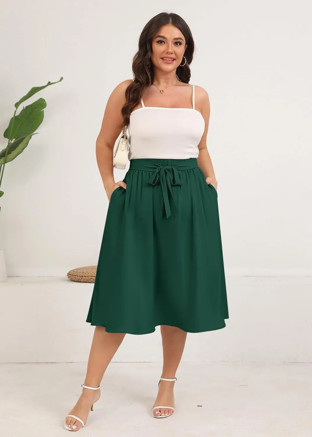 Xpenyo Womens Plus Size Midi Skirts Summer Elastic High Waisted Boho Casual Beach Flowy Swing Knee Length Skirts with Pockets
