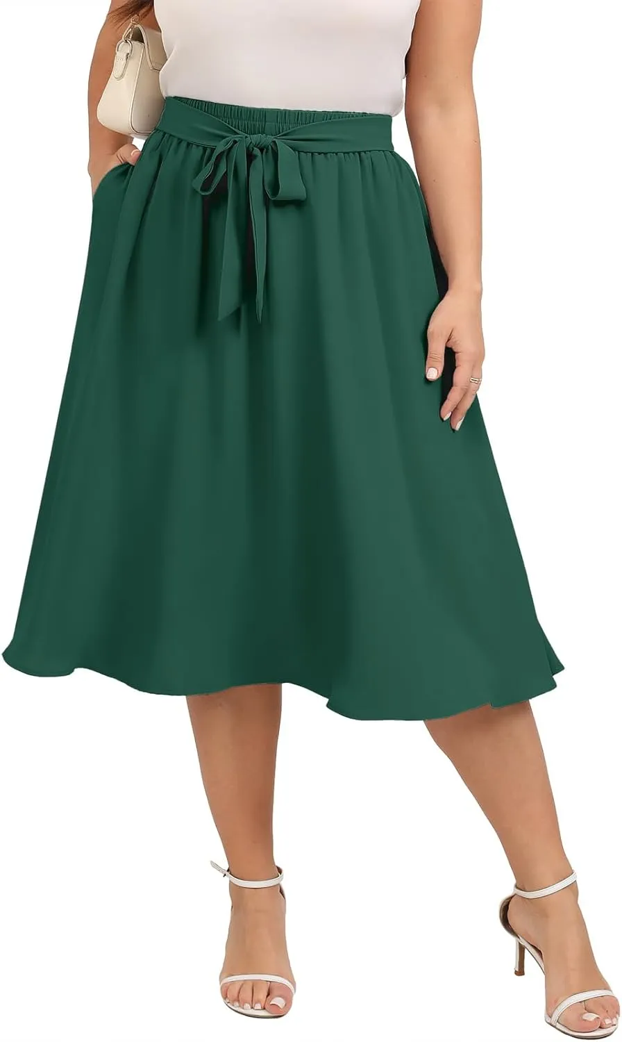 Xpenyo Womens Plus Size Midi Skirts Summer Elastic High Waisted Boho Casual Beach Flowy Swing Knee Length Skirts with Pockets