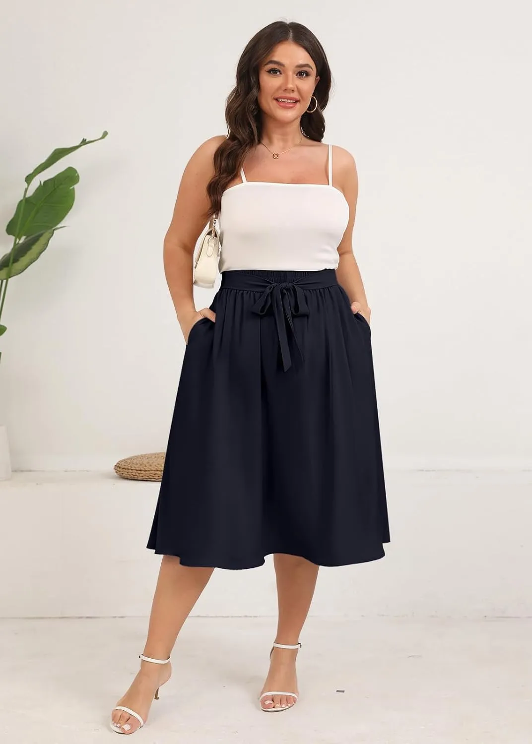 Xpenyo Womens Plus Size Midi Skirts Summer Elastic High Waisted Boho Casual Beach Flowy Swing Knee Length Skirts with Pockets
