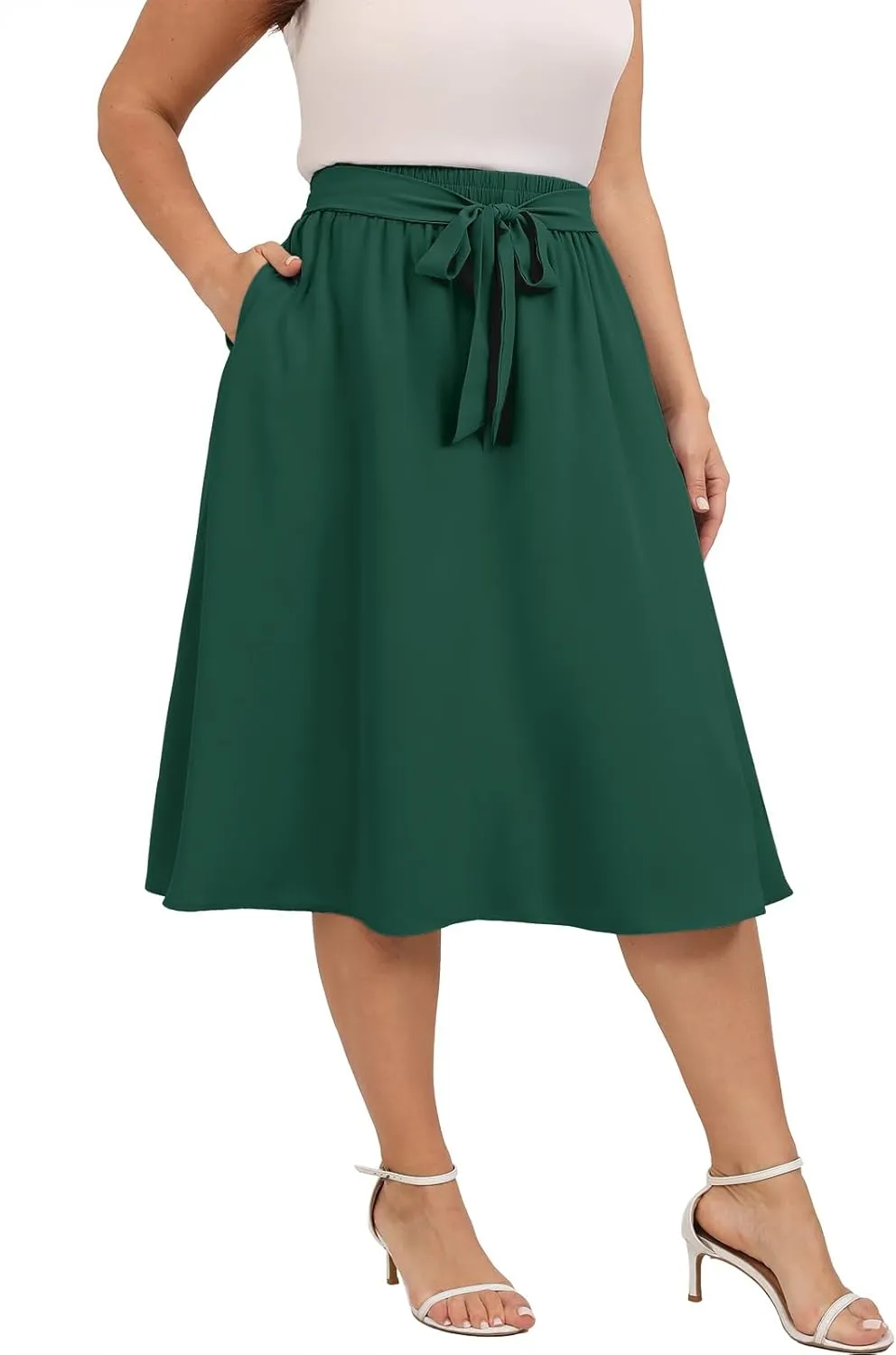 Xpenyo Womens Plus Size Midi Skirts Summer Elastic High Waisted Boho Casual Beach Flowy Swing Knee Length Skirts with Pockets