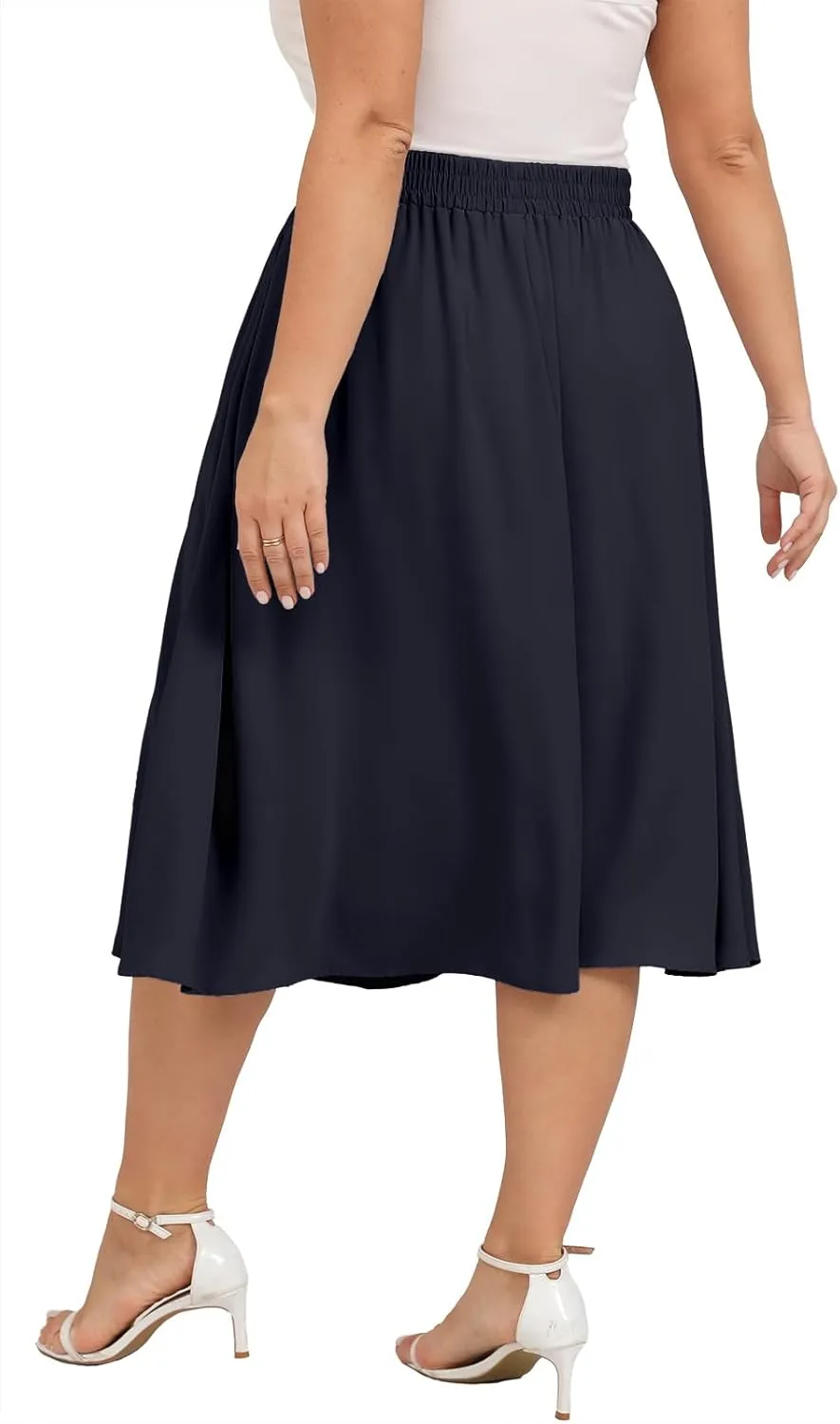 Xpenyo Womens Plus Size Midi Skirts Summer Elastic High Waisted Boho Casual Beach Flowy Swing Knee Length Skirts with Pockets