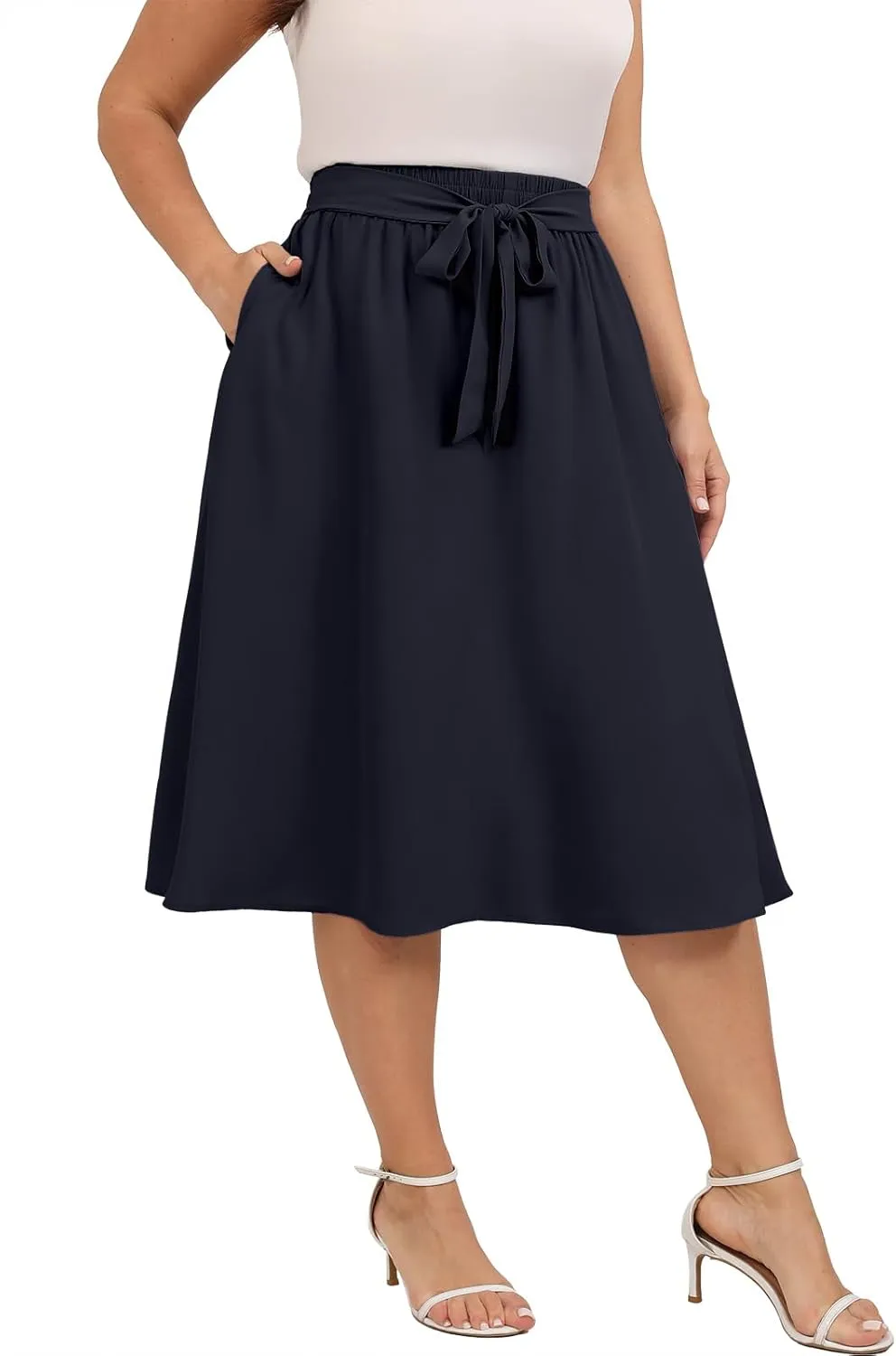 Xpenyo Womens Plus Size Midi Skirts Summer Elastic High Waisted Boho Casual Beach Flowy Swing Knee Length Skirts with Pockets