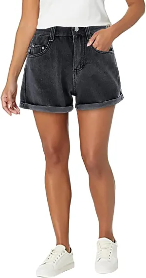 XUETON Women's Ripped Mid Rise Stretchy Denim Jeans Shorts High Waisted Folded Hem Short Jeans Summer Hot Pants with Pockets(Grey,Small)