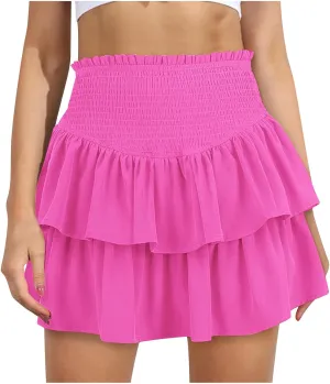 XUNRYAN Womens Summer Boho Skirts Trendy Tiered Ruffle Smocked High Waist Mini Skirt Casual Beach Holiday Vacation Outfit