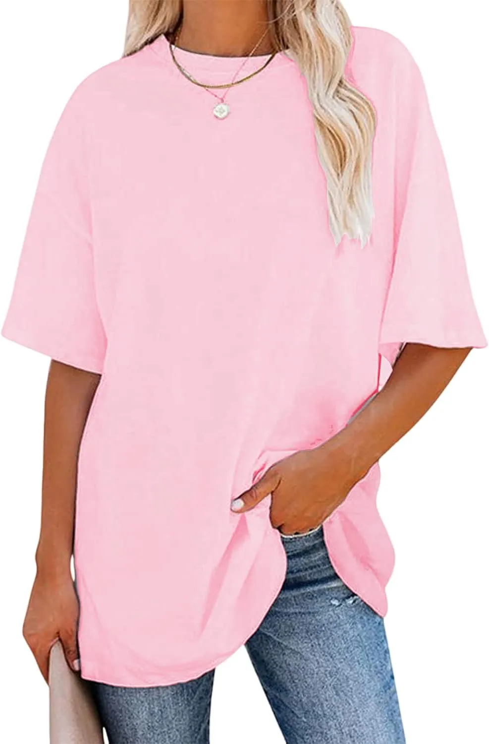 YEXIPO Women's Oversized T Shirts Summer Short Sleeve Loose Fit Casual Crewneck Plain Tunic Tops