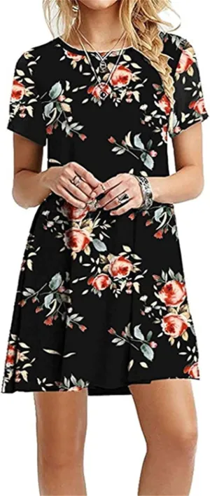 YMING Womens Casual Short Sleeve Sundress Summer Loose Fit T-Shirt Dress Crew Neck Swing Dresses Plus Size